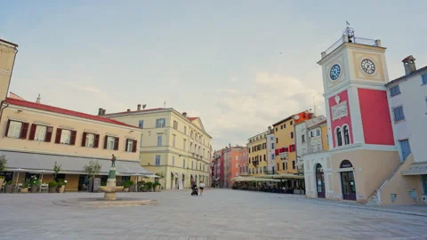 Historic Clock Tower and Main Square in Rovinj Croatia Stock Footage 340359819