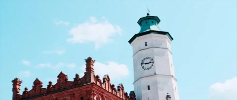 Historic clock tower and red brick town hall in Sandomierz, Poland Stock Footage 319556761