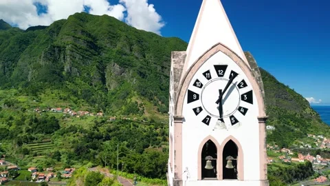 Historic Clock Tower of the Chapel of Our Lady of Fatima on Madeira Island,.. Stock Footage 332116990