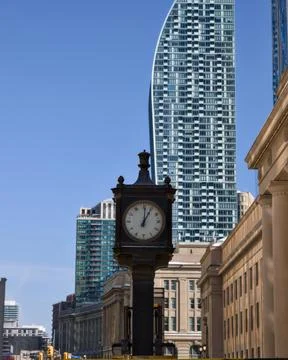 Historic Clock Tower Rises Before Modern Condo Toronto Canada Stock Photos