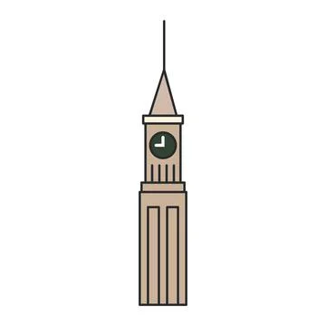Historic clock tower with spire and round clock face in flat outline style... Stock Illustration