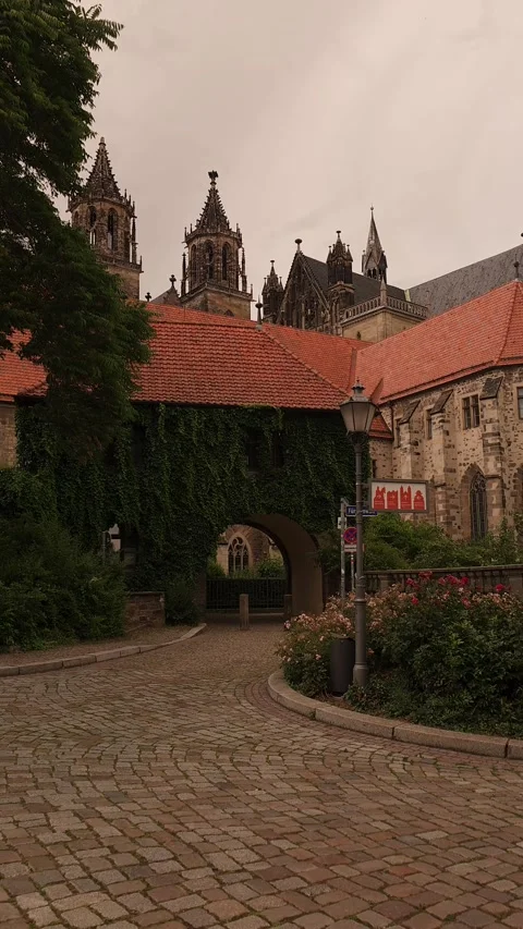 Historic Courtyard and Cathedral View in Magdeburg Germany Stock Footage 340502899