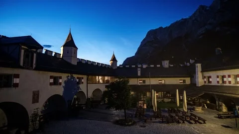 Historic Courtyard at Dusk with Mountain View Stock Footage 303906848