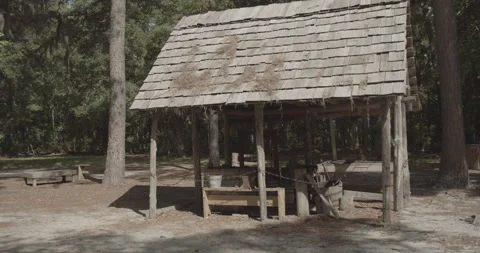 Historic Covered Workbench in Forest Stock Footage 153074813