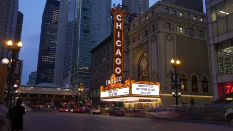 Historic Daytime Facade and Iconic Marquee Chicago Theatre Loop Video stock 337512931