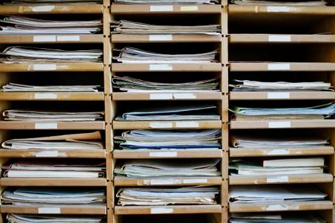 Historic drawer office system without computer old folder system 스톡 사진