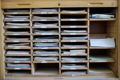 Historic drawer office system without computer old folder system 스톡 사진