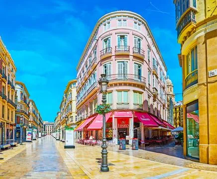 Historic edifices in Calle Larios, on September 26 in Malaga, Spain Stock Photos