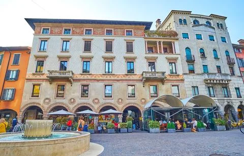 Historic edifices in Citta Bassa, Largo Nicolo Rezzara, Bergamo, Italy Stock Photos