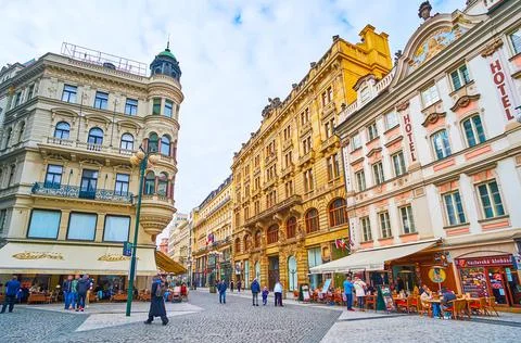 Historic edifices of Na Prikope (On the Moat) Street, on March 5 in Prague, C Stock Photos
