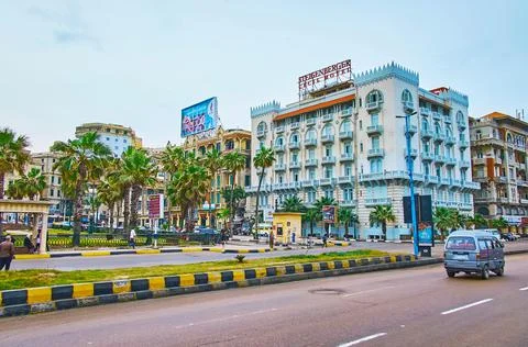 Historic edifices in Saad Zaghloul Square, Alexandria, Egypt Stock Photos