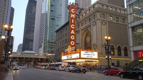 Historic Facade and Iconic Marquee of Chicago Theatre Daytime Video stock 337512965