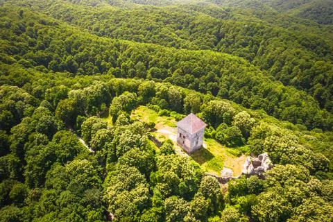 Historic Garic Grad fortress ruins in deep forest aerial view Stock Photos