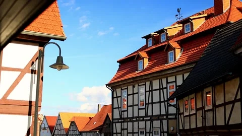 The historic german village of adelebsen in germany 4k video with a pan Stock Footage 346830794