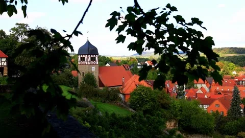 The historic german village of adelebsen in germany 4k video with a pan Stock Footage 346830968