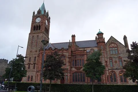 The Historic Guildhall Building and Clock Tower in Derry Northern Ireland Stock Photos