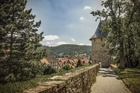 Historic half shell tower on the old city wall in Wernigerode Stock Photos
