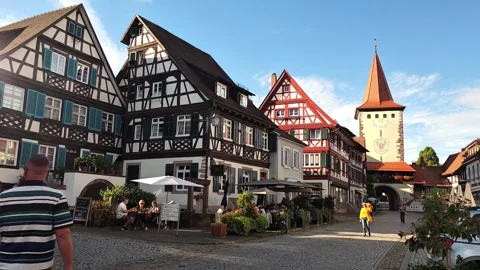 Historic Half-Timbered Old Town Street With Pedestrians Video stock 344311963