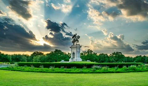 Historic Houston Statue in Museum District at Sunset Stock Photos
