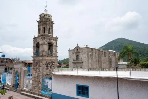 Historic Immaculate Conception Sanctuary bell tower in Tlajomulco, Jalisco 스톡 사진