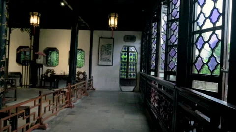 Historic Interior of Humble Administrators Garden with Stained Glass Windows Stock Footage 337890875