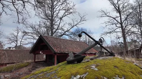 A historic iron anchor displayed in Nynäshamn, Sweden,March 17, 2026. Stock Footage 331541679