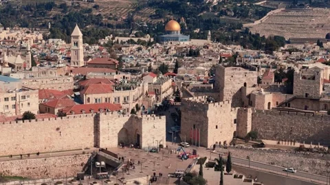 Historic Jaffa Gate and Temple Mount Jerusalem Drone View Stock Footage 327413804
