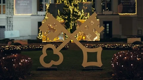 Historic Keys of Riga Christmas Installation at Latvian National Opera Winter Stock Footage 340981801