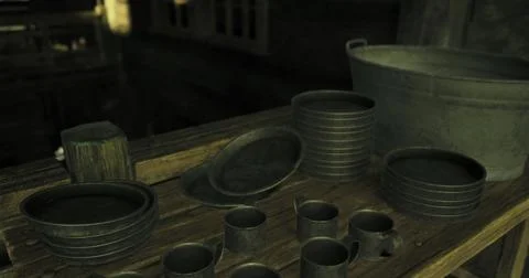 Historic kitchenware on display in a rustic setting with dim lighting Stock Illustration
