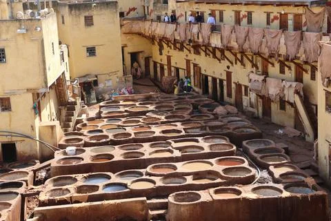 Historic leather tannery with rows of circular dyeing vats and drying hides Stock Photos