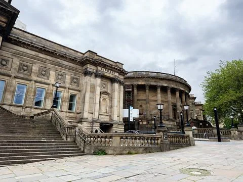 Historic library building with classical architecture, stone columns and ex.. Stock Photos