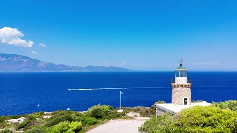 Historic Lighthouse on Zakhynthos Cliffs Overlooking Ionian Sea, Greece Stock Footage 324077117