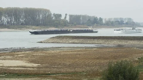 Historic low level Rhine at Lobith Dutch German Border Stock Footage 101660788