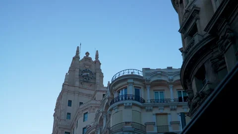 Historic Madrid Architecture With Telefonica Building Under Clear Blue Sky Vídeos de archivo 343820751