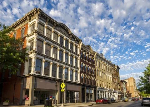Historic Main Mall Row features stunning 19th-century Italianate architecture. Stock Photos