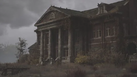 Historic mansion in a desolate landscape surrounded by overgrown vegetation Stock Footage 304524096
