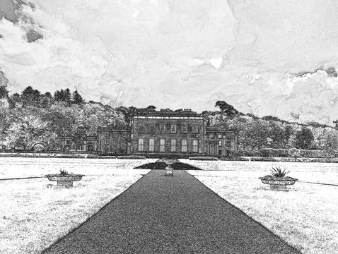 Historic mansion viewed from garden path with fountains Stock Illustration