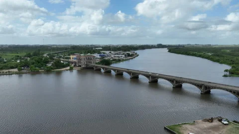 Historic Maua Bridge Forward Parallel Flight Jaguarao Brazil and Rio Branco Stock-Footage 324882014