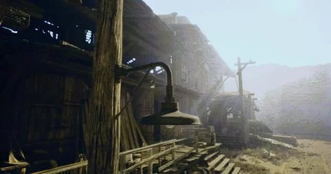 Historic mining town with rustic buildings and an old lamp in daylight Ilustración de archivo