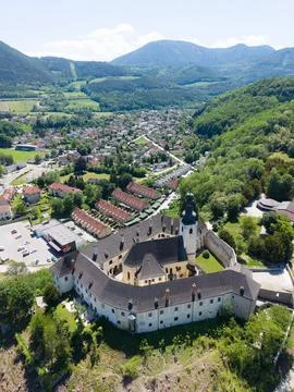 Historic Monastery Above Gloggnitz Surrounded by Forested Hills in Lower Austria Stock Photos