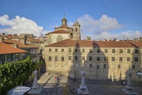 Historic monastery courtyard with dramatic shadows in Santiago de Compostela Stock Photos