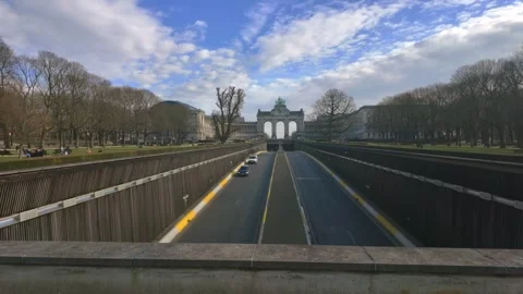 Historic monument at end of tree-lined road in Brussels Stock Footage 307496189