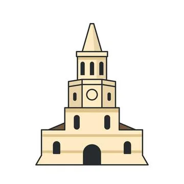 Historic multi-level fortress tower with arched entrance. Illustration. Obj.. Stock Illustration