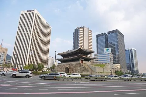 Historic Namdaemun City Gate or South Gate and Seoul Skyscrapers Jung gu Seoul Stock Photos
