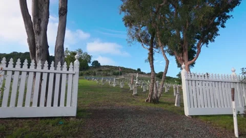 Historic naval cemetery hillside viewed through open white gate Stock Footage 339531232