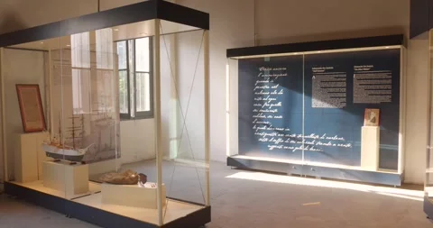 Historic Naval Museum Exhibit Cases with Ship Model and Text Panels Stock Footage 345286389