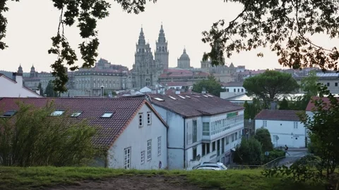 Historic Panorama: Exploring the Medieval Charm of Santiago de Compostela Stock Footage 247059645