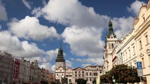 Historic Pardubice city square with clock tower under dramatic summer clouds Stock Footage 344055390