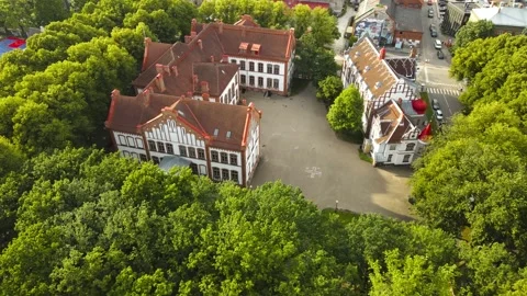 Historic Parnu Elementary School building aerial view Stock Footage 345189008