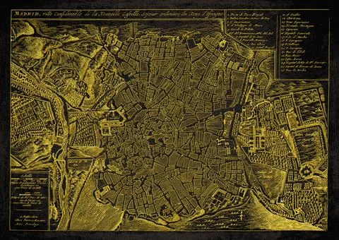 Historic Plan of Madrid, Spain Black And Gold Historical City Map from 1700 Stock Illustration